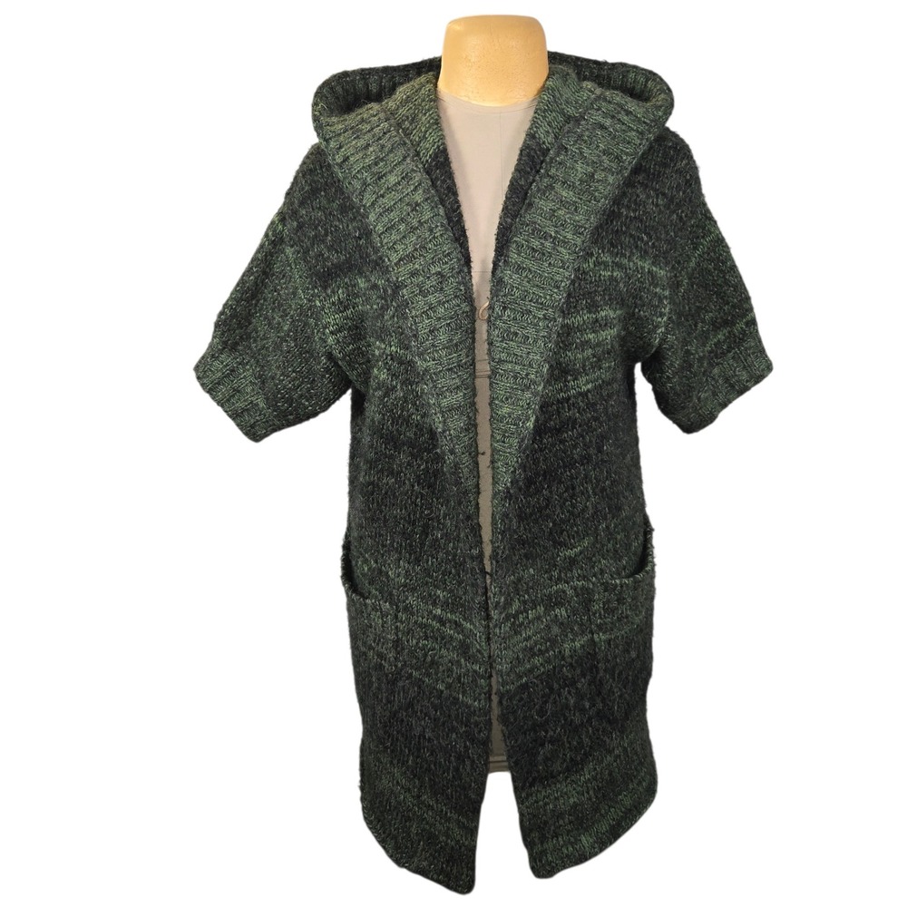 ii Sisters Green Black Marled Wool Long Drape Hooded Short Sleeve Cardigan Large